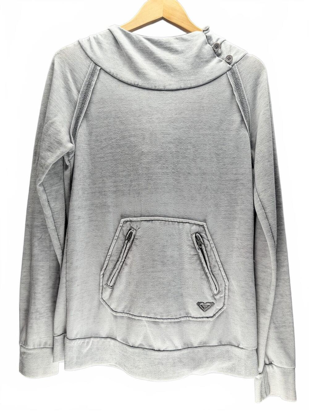 Roxy Women Medium Light Gray Button Collar Hoodie Sweatshirt